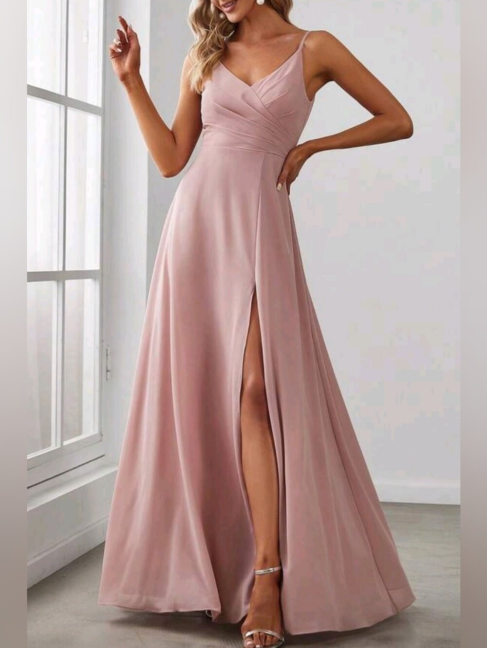 New Flowy Chiffon Wrap Top Cami Maxi Dress Split Leg Pink